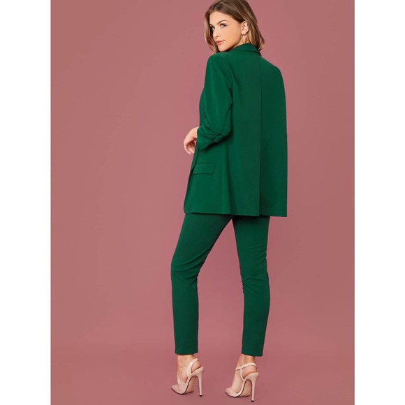 2 piece pantsuit: Shawl Collar Blazer & Paperbag Waist Pants Set green - Picture 2 of 11